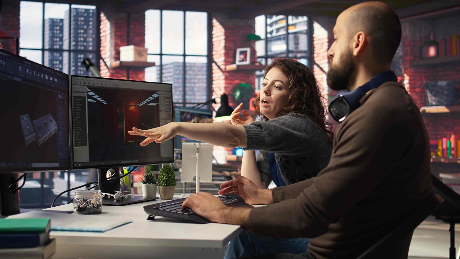 two-developers-team-interact-with-virtual-ai-assistant-pc-design-game-hub-using-machine (1)